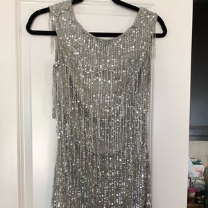 Aidan Mattox silver fringed bead dress